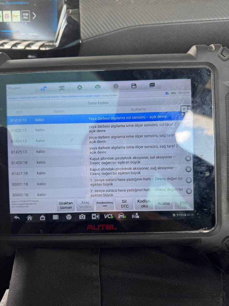 Peugeot 308 hava yastıkları ve ön gergiler beyni arıza kodları
